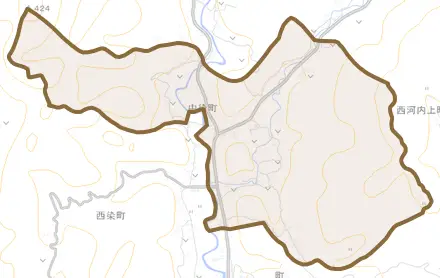中染町とその周辺の地図。町の範囲を重ねている