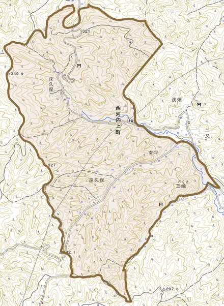 西河内上町とその周辺の地図。町の範囲を重ねている