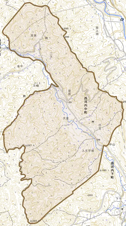 西河内中町とその周辺の地図。町の範囲を重ねている