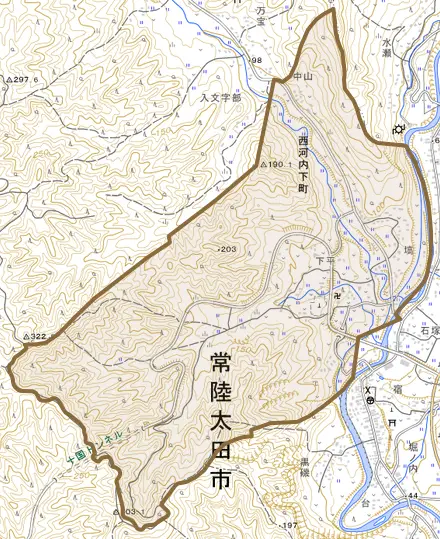 西河内下町とその周辺の地図。町の範囲を重ねている