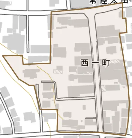 西一町とその周辺の地図。町の範囲を重ねている