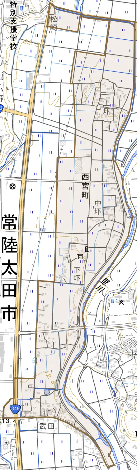 西宮町とその周辺の地図。町の範囲を重ねている