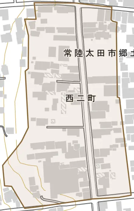 西二町とその周辺の地図。町の範囲を重ねている