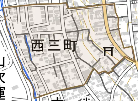 西三町とその周辺の地図。町の範囲を重ねている