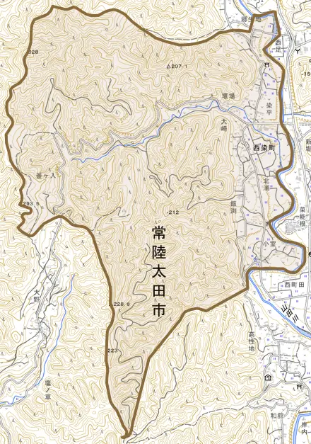 西染町とその周辺の地図。町の範囲を重ねている