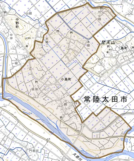 小島町とその周辺の地図。町の範囲を重ねている