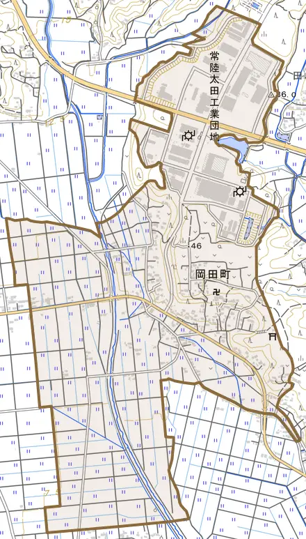 岡田町とその周辺の地図。町の範囲を重ねている