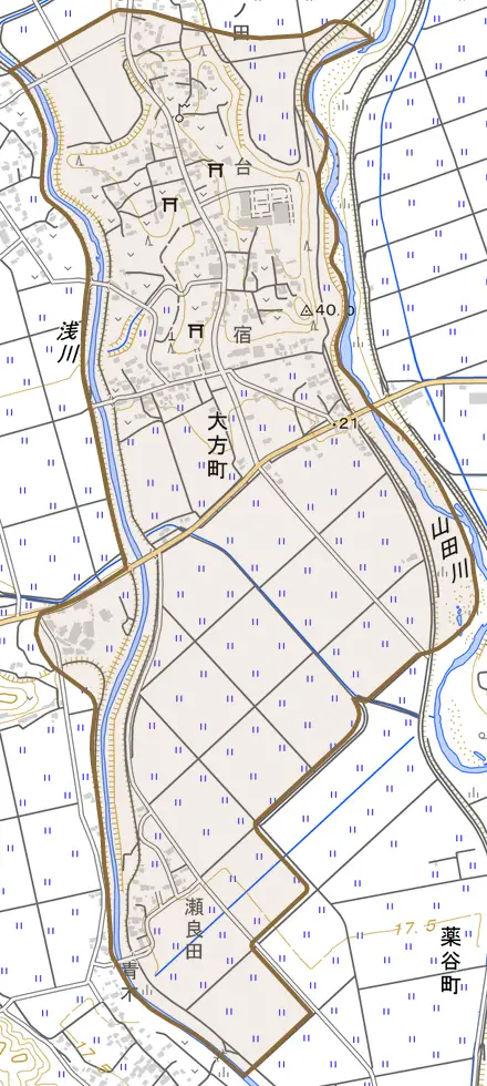 大方町とその周辺の地図。町の範囲を重ねている