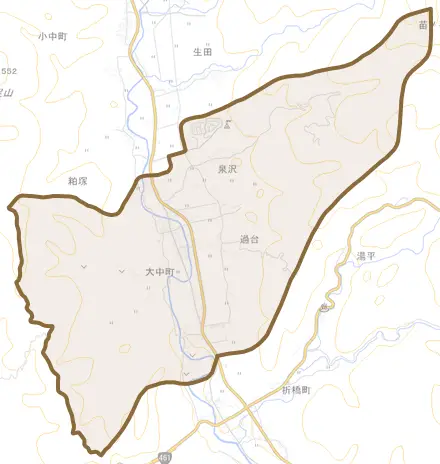 大中町とその周辺の地図。町の範囲を重ねている