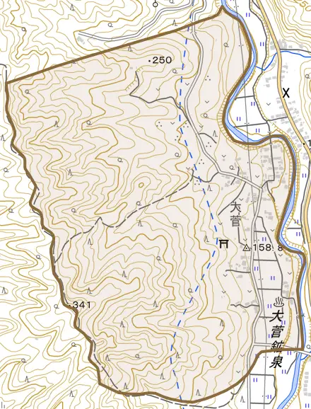 大菅町とその周辺の地図。町の範囲を重ねている