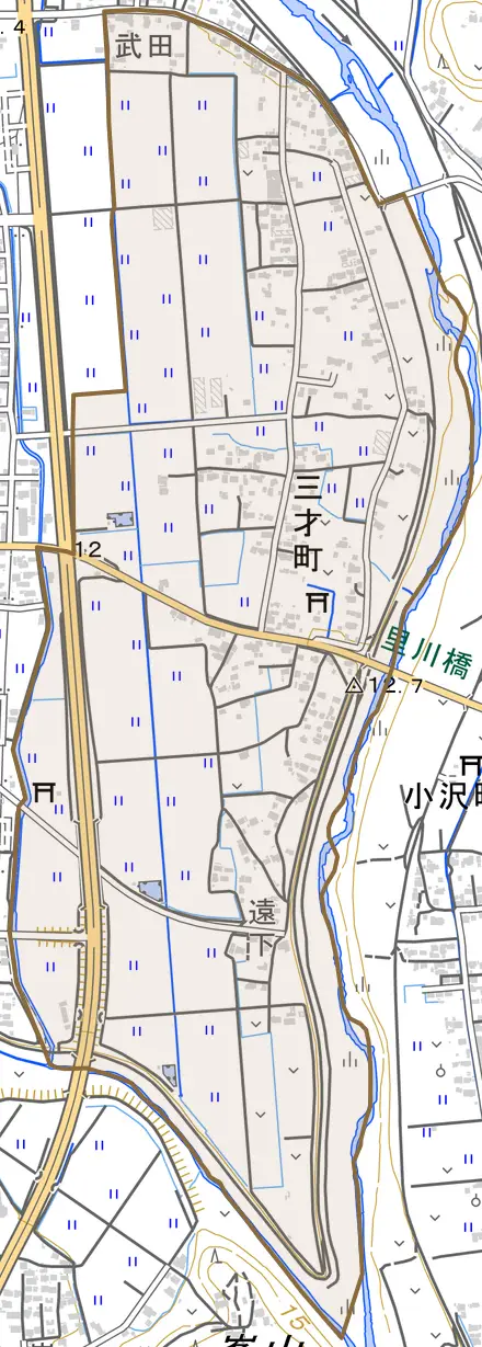 三才町とその周辺の地図。町の範囲を重ねている