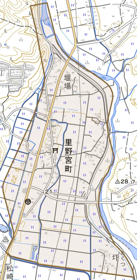 里野宮町とその周辺の地図。町の範囲を重ねている