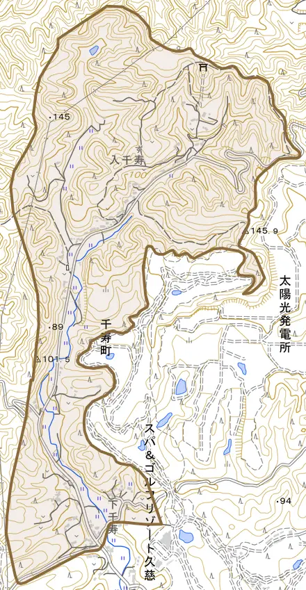 千寿町とその周辺の地図。町の範囲を重ねている
