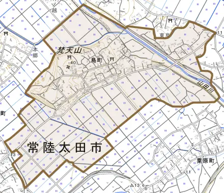 島町とその周辺の地図。町の範囲を重ねている