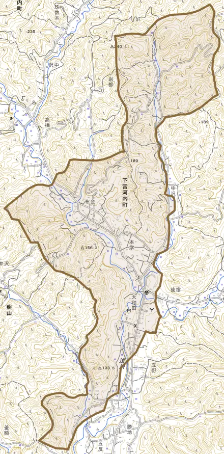 下宮河内町とその周辺の地図。町の範囲を重ねている