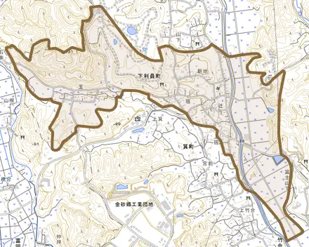 下利員町とその周辺の地図。町の範囲を重ねている