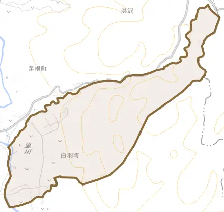 白羽町とその周辺の地図。町の範囲を重ねている