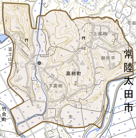 高柿町とその周辺の地図。町の範囲を重ねている