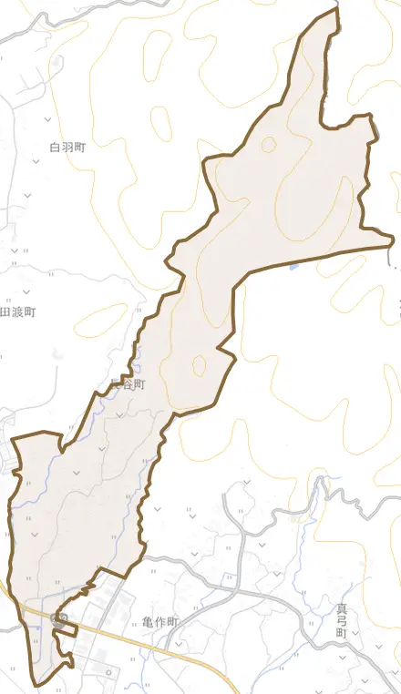 高貫町とその周辺の地図。町の範囲を重ねている
