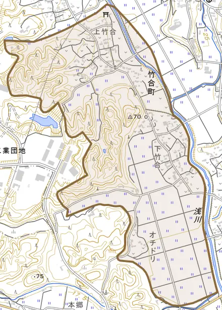 竹合町とその周辺の地図。町の範囲を重ねている