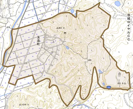 玉造町とその周辺の地図。町の範囲を重ねている