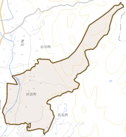 田渡町とその周辺の地図。町の範囲を重ねている