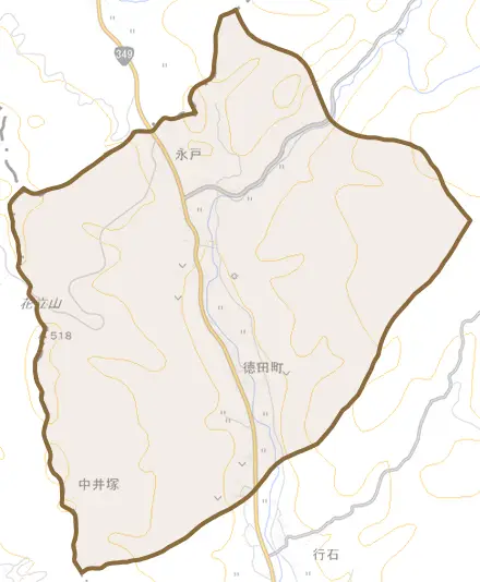 徳田町とその周辺の地図。町の範囲を重ねている