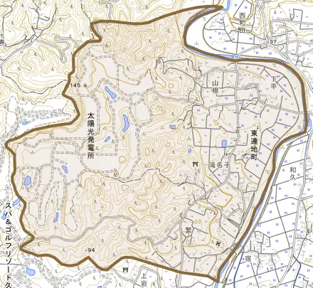 東連地町とその周辺の地図。町の範囲を重ねている