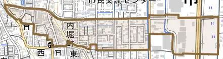 内堀町とその周辺の地図。町の範囲を重ねている