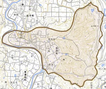 和田町とその周辺の地図。町の範囲を重ねている