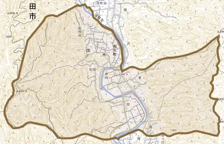 和久町とその周辺の地図。町の範囲を重ねている