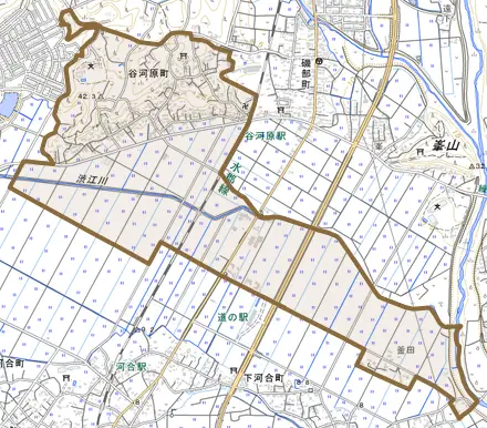 谷河原町とその周辺の地図。町の範囲を重ねている