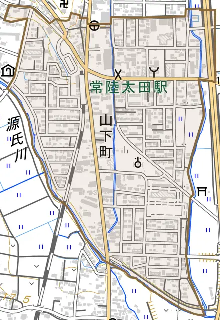 山下町とその周辺の地図。町の範囲を重ねている