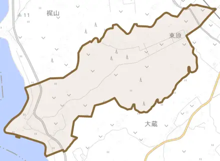 阿玉とその周辺の地図。町の範囲を重ねている