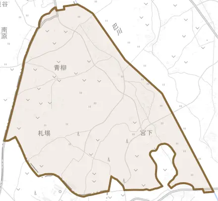 青柳とその周辺の地図。町の範囲を重ねている