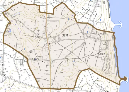 荒地とその周辺の地図。町の範囲を重ねている