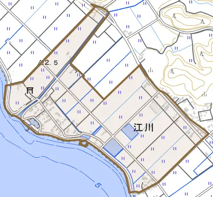 江川とその周辺の地図。町の範囲を重ねている