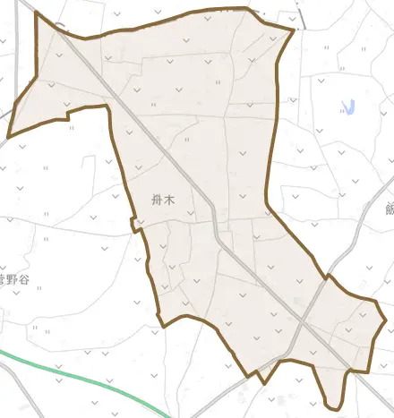 舟木とその周辺の地図。町の範囲を重ねている
