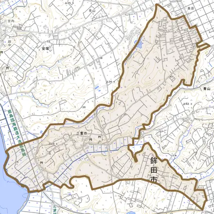 二重作とその周辺の地図。町の範囲を重ねている