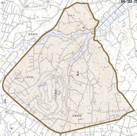 半原とその周辺の地図。町の範囲を重ねている