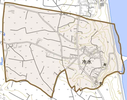 冷水とその周辺の地図。町の範囲を重ねている