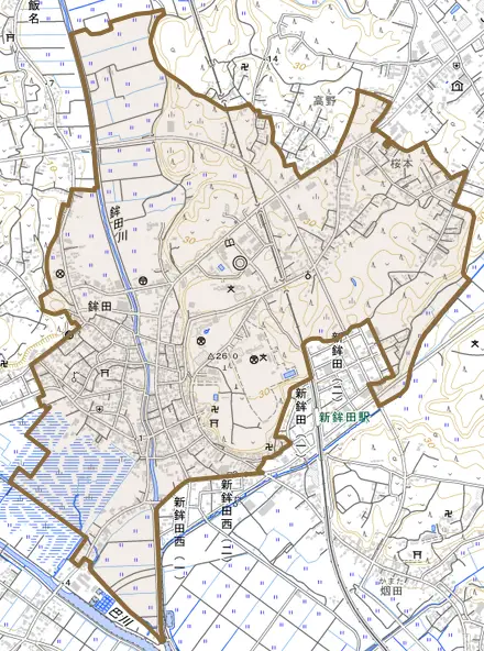 鉾田とその周辺の地図。町の範囲を重ねている
