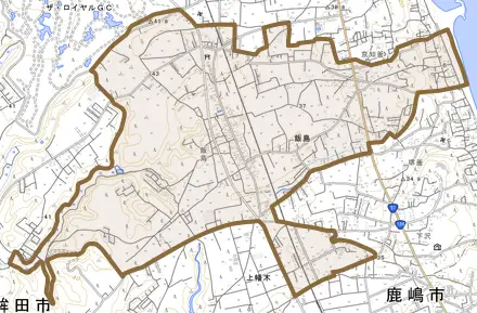 飯島とその周辺の地図。町の範囲を重ねている