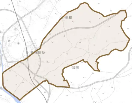 烟田とその周辺の地図。町の範囲を重ねている