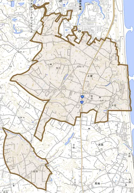 上釜とその周辺の地図。町の範囲を重ねている
