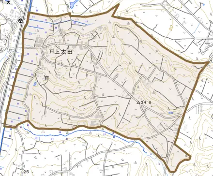 上太田とその周辺の地図。町の範囲を重ねている