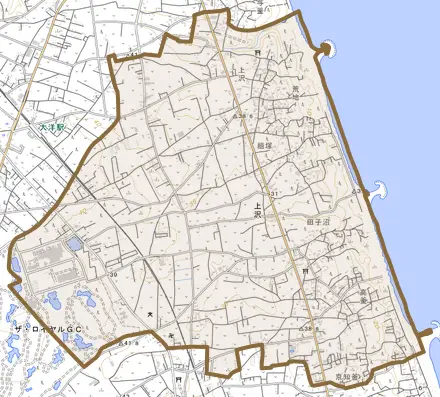 上沢とその周辺の地図。町の範囲を重ねている