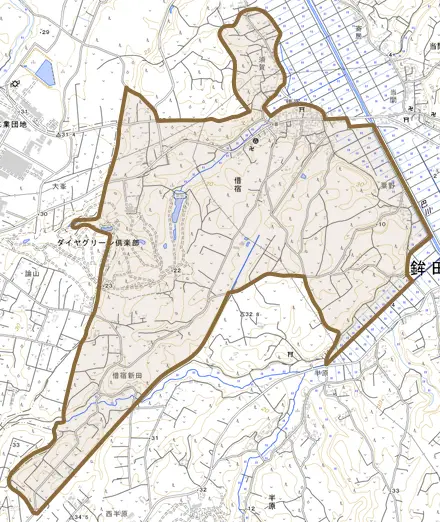 借宿とその周辺の地図。町の範囲を重ねている