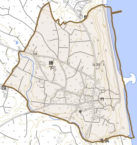 勝下とその周辺の地図。町の範囲を重ねている