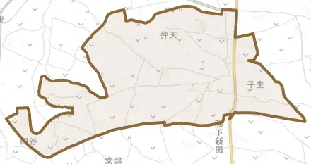 子生とその周辺の地図。町の範囲を重ねている